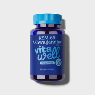 A bottle of Vitawell Ashwagandha gummies, with a blue label and a blue cap, indicating strawberry flavour and vegan friendly.