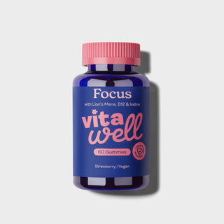 A bottle of 'Focus' brand gummies from Vitawell, with strawberry flavour, designed for mental clarity, containing 60 gummies.