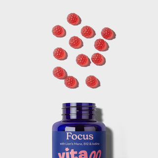 Vitawell Focus Gummies pouring out of a bottle