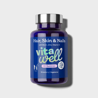 A bottle of 'Vitawell' Hair, Skin & Nails gummies with mixed berry flavour, indicating 60 chewable tablets inside, suitable for vegetarians.