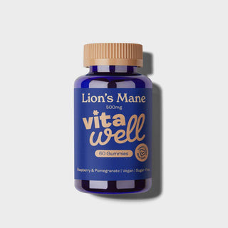 A bottle of Vitawell Lion's Mane gummies, with 500mg dosage, raspberry and pomegranate flavour, and a vegan and sugar-free label.