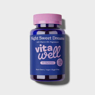 A bottle of 'Night Sweet Dreams' with Vitamin B6 and Magnesium gummies in black cherry and blackcurrant flavour, labeled as vegan and sugar-free.