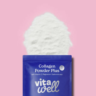 Vitawell collagen powder plus packaging with white powder on a pink background