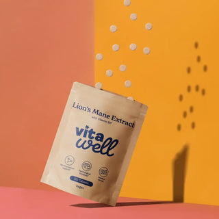 Vitawell Lion's Mane Extract package on a colorful background