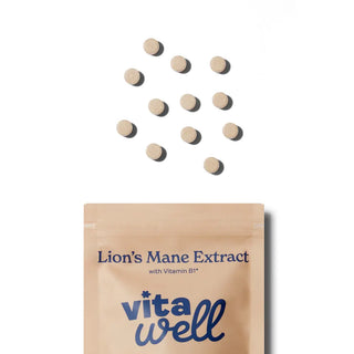 Vitawell Lion's Mane Extract packaging with scattered tablets