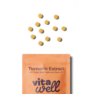 Turmeric Extract packaging with scattered tablets