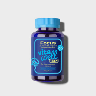 Vitawell Teen Focus supplement bottle with blue label on a light grey background