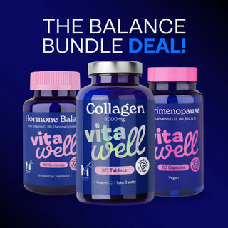 Three bottles of vita well products on a dark blue background with promotional text.