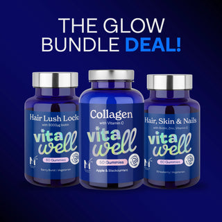 Three bottles of vitawell gummies on a dark blue background with promotional text.