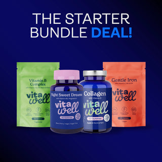 Vita Well supplement products including bottles and packets on a dark blue background with 'The Starter Bundle Deal!' text.