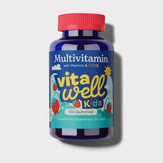 Multivitamin gummy bottle for kids with a blue label and red cap on a light grey background