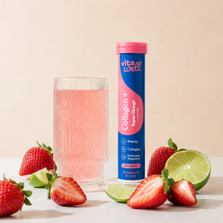 collagen effervescent tablets next to drink