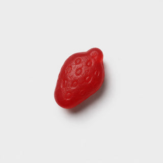 Red strawberry shaped gummy bear on a white background