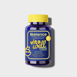 Vitawell Teen supplement bottle with yellow cap on a light grey background